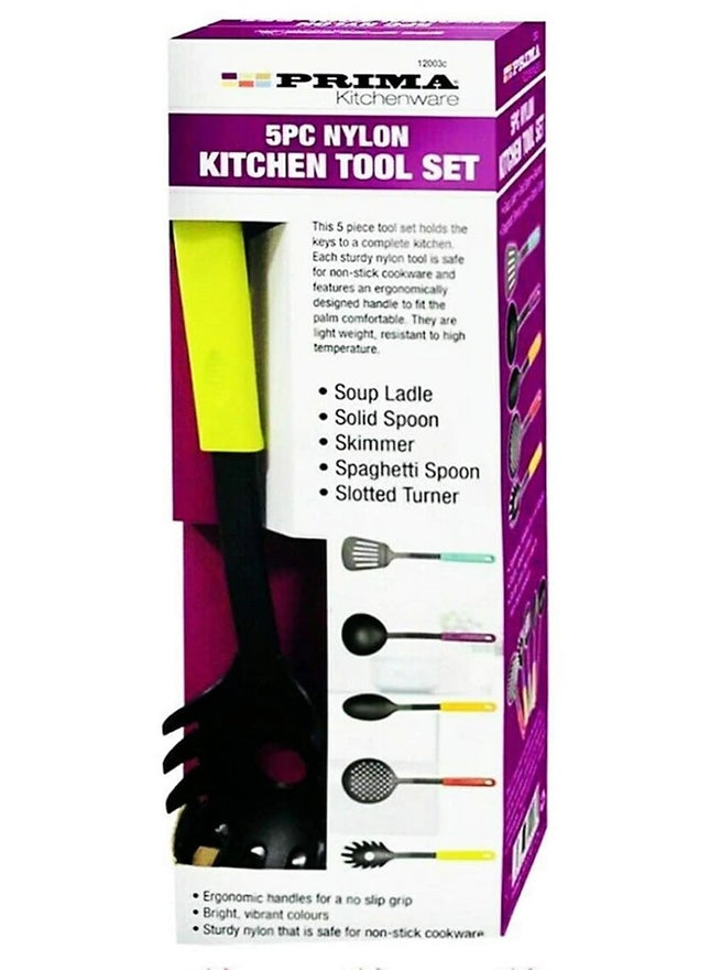 Prima 5‑Piece Nylon Kitchen Tool Set – Heat‑Resistant, Non‑Scratch Utensils with Ergonomic Colour Handles | Kumperi