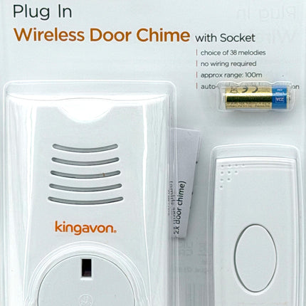 Kingavon Plug-In Wireless Door Chime with Socket – 38 Melodies, 100m Range