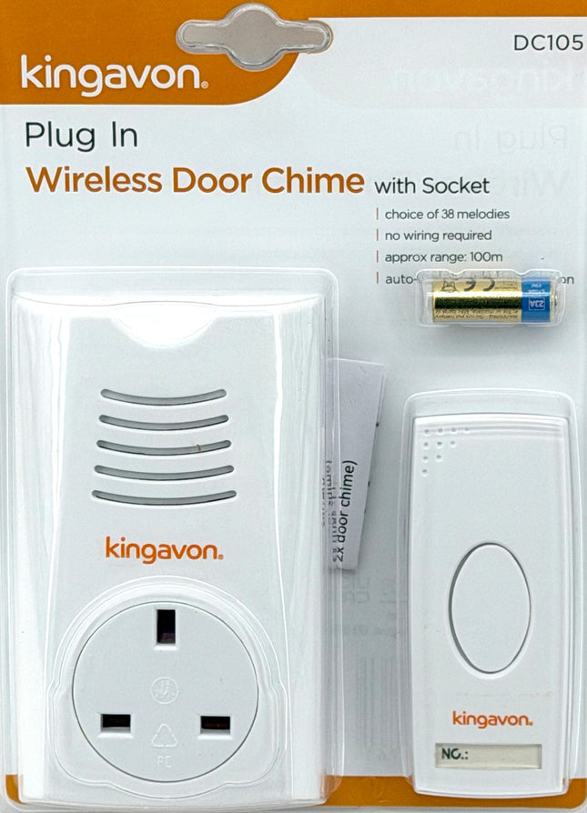 Kingavon Plug-In Wireless Door Chime with Socket – 38 Melodies, 100m Range