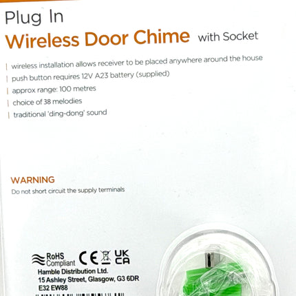 Kingavon Plug-In Wireless Door Chime with Socket – 38 Melodies, 100m Range