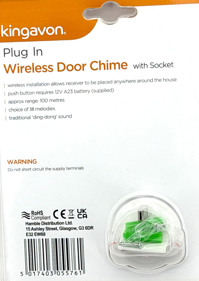Kingavon Plug-In Wireless Door Chime with Socket – 38 Melodies, 100m Range