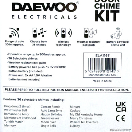 Daewoo Cordless Doorbell Kit 300m Range - 36 Chimes Available