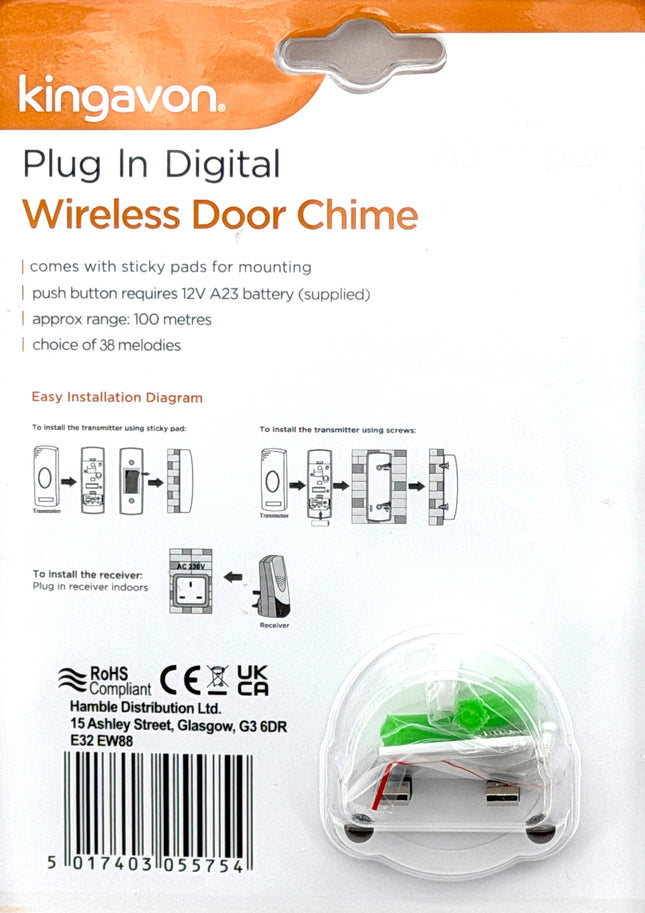 Kingavon Plug-In Digital Wireless Door Chime – 38 Melodies, 100m Range