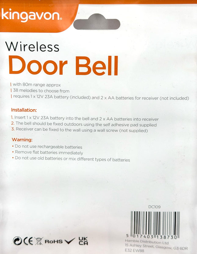 Kingavon Wireless Door Bell DC109 | 38 Melodies | 80m Range | Battery Operated | KUMPERI