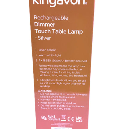 Kingavon Rechargeable Dimmer Touch Table Lamp - Silver | 3 Brightness Levels | Wireless | KUMPERI