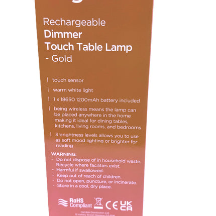 Kingavon Rechargeable Dimmer Touch Table Lamp - Gold | 3 Brightness Levels | KUMPERI