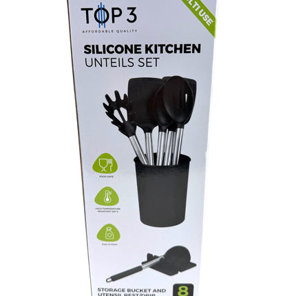 TOP3 8‑Piece Silicone Kitchen Utensils Set with Stainless Steel Handles, Storage Bucket & Utensil Rest | Kumperi