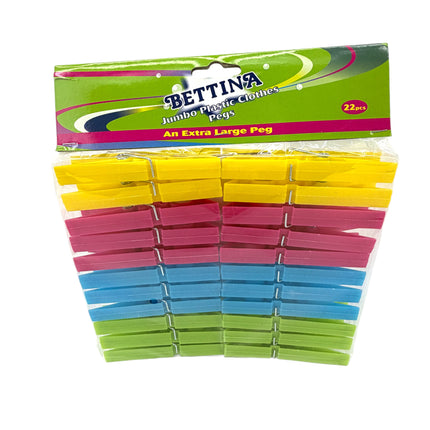 Bettina Jumbo Plastic Clothes Pegs 22 Pack Extra Large Colourful Washing Line Pegs - Heavy Duty Laundry Clips | Kumperi