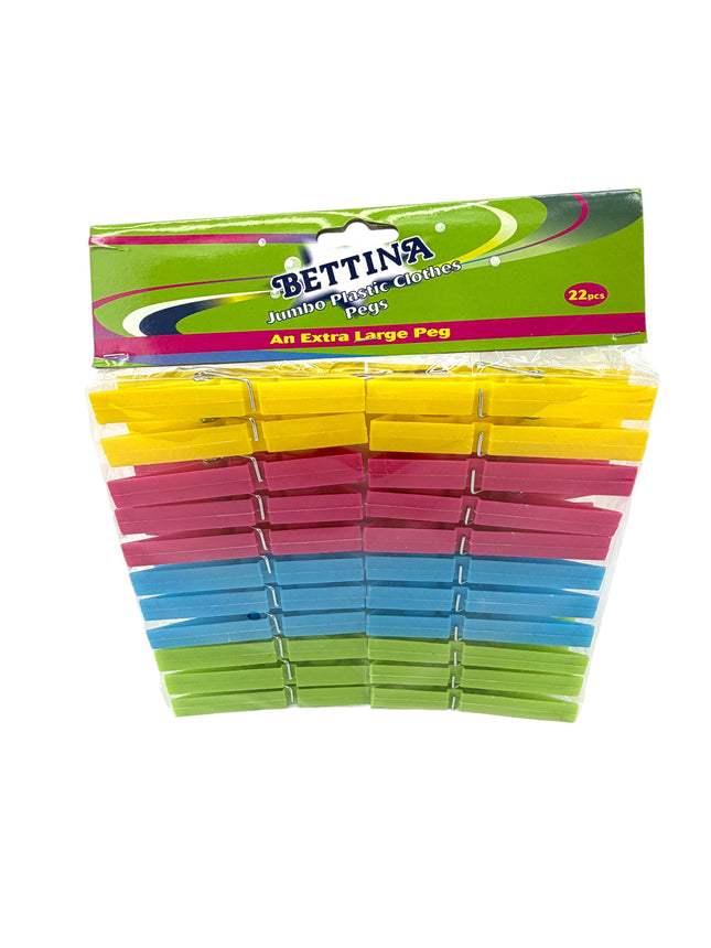 Bettina Jumbo Plastic Clothes Pegs 22 Pack Extra Large Colourful Washing Line Pegs - Heavy Duty Laundry Clips | Kumperi