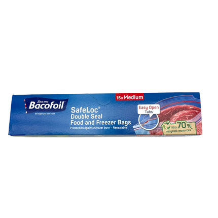 Bacofoil SafeLoc Double Seal Food Storage Freezer Bags Medium 15 Pack - Resealable Polyethylene Bags with Easy Open Tabs | Kumperi