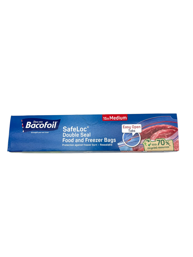 Bacofoil SafeLoc Double Seal Food Storage Freezer Bags Medium 15 Pack - Resealable Polyethylene Bags with Easy Open Tabs | Kumperi