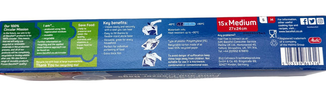 Bacofoil SafeLoc Double Seal Food Storage Freezer Bags Medium 15 Pack - Resealable Polyethylene Bags with Easy Open Tabs | Kumperi