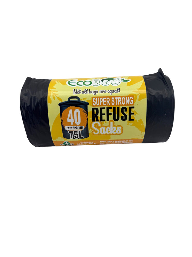 40 Super Strong Refuse Sacks - Heavy Duty Bin Bags 75L | Eco-Friendly Waste Bags 710x820mm | Kumperi