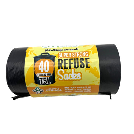 40 Super Strong Refuse Sacks - Heavy Duty Bin Bags 75L | Eco-Friendly Waste Bags 710x820mm | Kumperi