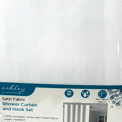 Ashley Housewares White Satin Shower Curtain Set | 180x180cm | 12 Hooks | Available at Kumperi