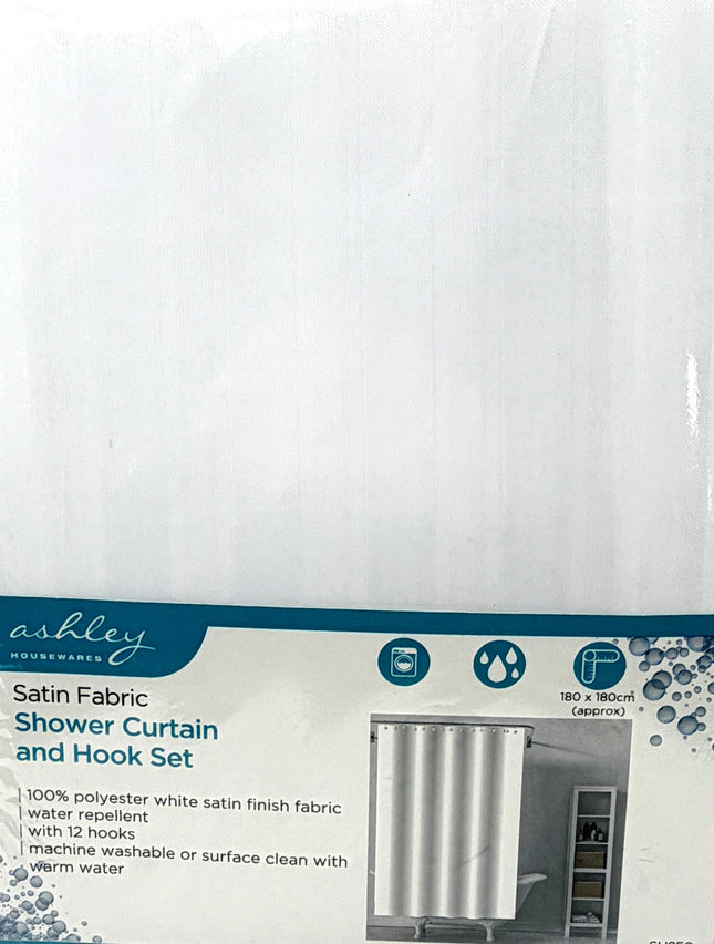 Ashley Housewares White Satin Shower Curtain Set | 180x180cm | 12 Hooks | Available at Kumperi