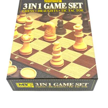 MY Traditional Games 3 in 1 Game Set Chess Draughts Tic Tac Toe 32 Chess Pieces 24 Draughts Double Sided Board | Kumperi