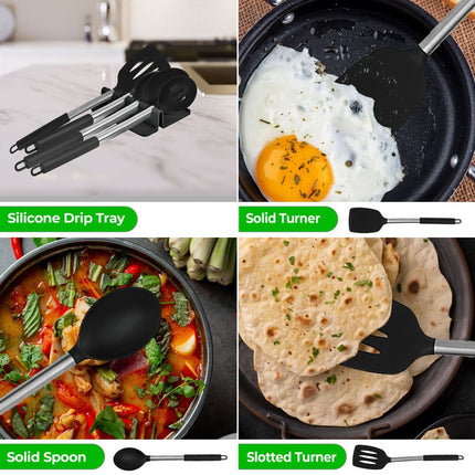 TOP3 8‑Piece Silicone Kitchen Utensils Set with Stainless Steel Handles, Storage Bucket & Utensil Rest | Kumperi