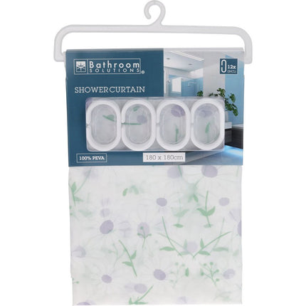 Bathroom Solutions® 100% PEVA Shower Curtain - Lilac & Green Daisy Floral Print | 180x180cm | 12 Hooks | Kumperi Home