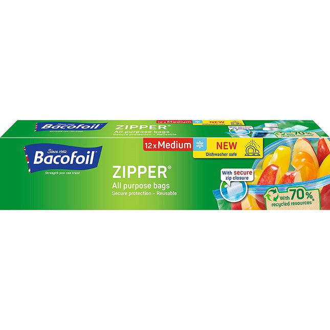 BACOFOIL ZIPPER BAGS ALL PURPOSE 12 PACK MEDIUM 3L