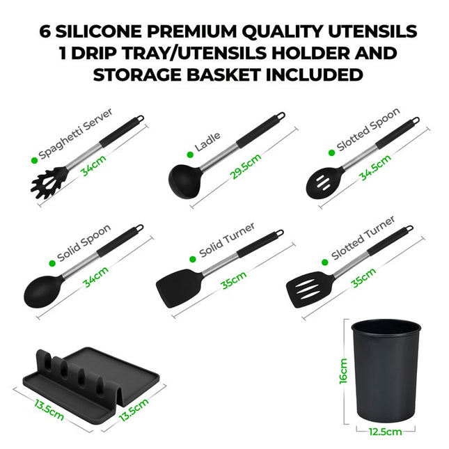 TOP3 8‑Piece Silicone Kitchen Utensils Set with Stainless Steel Handles, Storage Bucket & Utensil Rest | Kumperi