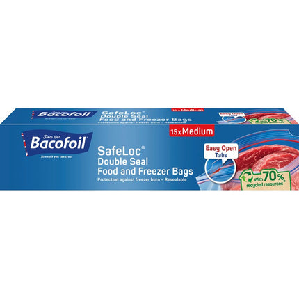 Bacofoil SafeLoc Double Seal Food Storage Freezer Bags Medium 15 Pack - Resealable Polyethylene Bags with Easy Open Tabs | Kumperi