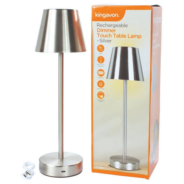 Kingavon Rechargeable Dimmer Touch Table Lamp - Silver | 3 Brightness Levels | Wireless | KUMPERI