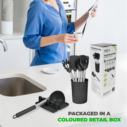 TOP3 8‑Piece Silicone Kitchen Utensils Set with Stainless Steel Handles, Storage Bucket & Utensil Rest | Kumperi