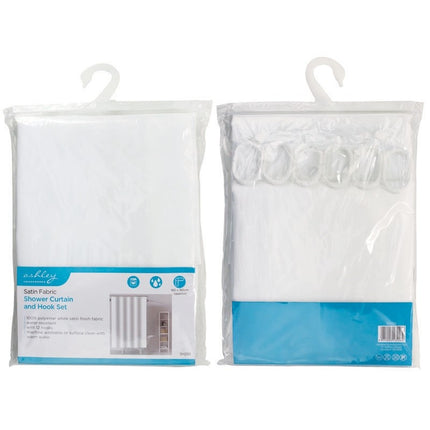 Ashley Housewares White Satin Shower Curtain Set | 180x180cm | 12 Hooks | Available at Kumperi