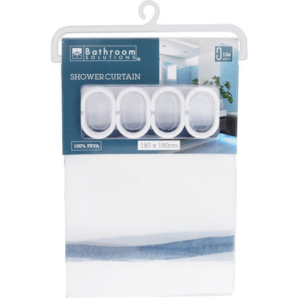 Bathroom Solutions® PEVA Shower Curtain - Modern Blue Abstract Stripe Design | 180x180cm | 12 Hooks | Kumperi Home