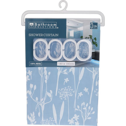 Bathroom Solutions® 100% PEVA Shower Curtain - Blue Floral Dandelion Print | 180x180cm | 12 Hooks | Kumperi