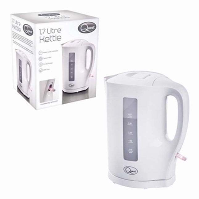 Quest 1.7 Litre Electric Kettle, 2200W – Fast Boil, Water Level Window, Spout Filter, Auto Shut‑Off, Cord Storage | Kumperi