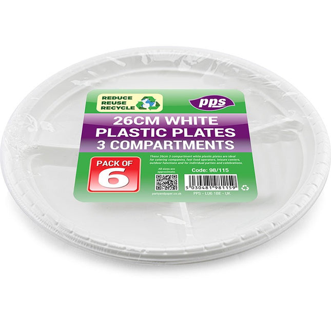 PLASTIC PLATE 3 COMPARTMENTS WHITE 26CM
