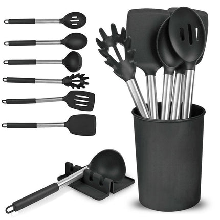 TOP3 8‑Piece Silicone Kitchen Utensils Set with Stainless Steel Handles, Storage Bucket & Utensil Rest | Kumperi