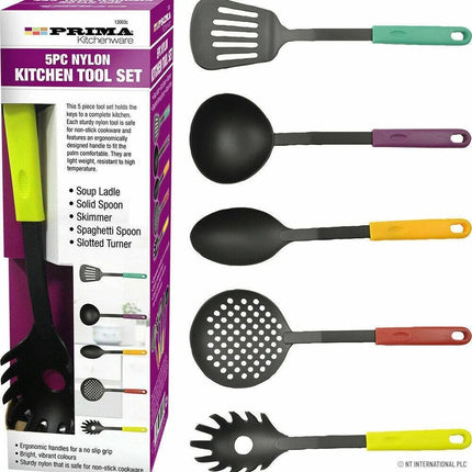 Prima 5‑Piece Nylon Kitchen Tool Set – Heat‑Resistant, Non‑Scratch Utensils with Ergonomic Colour Handles | Kumperi